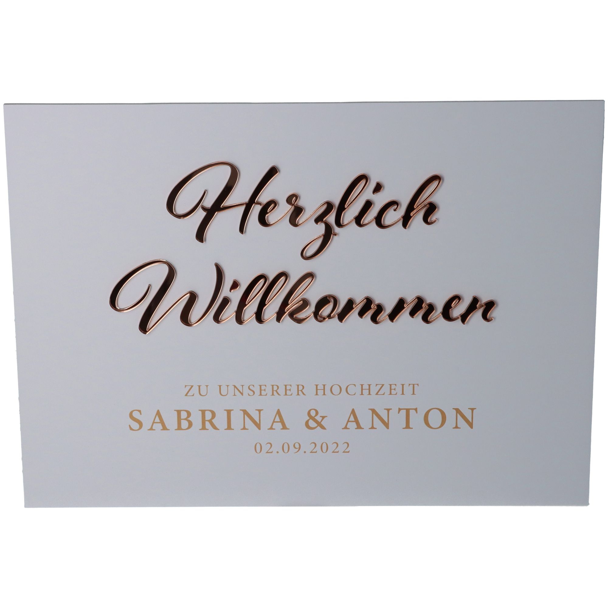 Willkommensschild Hochzeit "Namen & Datum" Rosé Gold