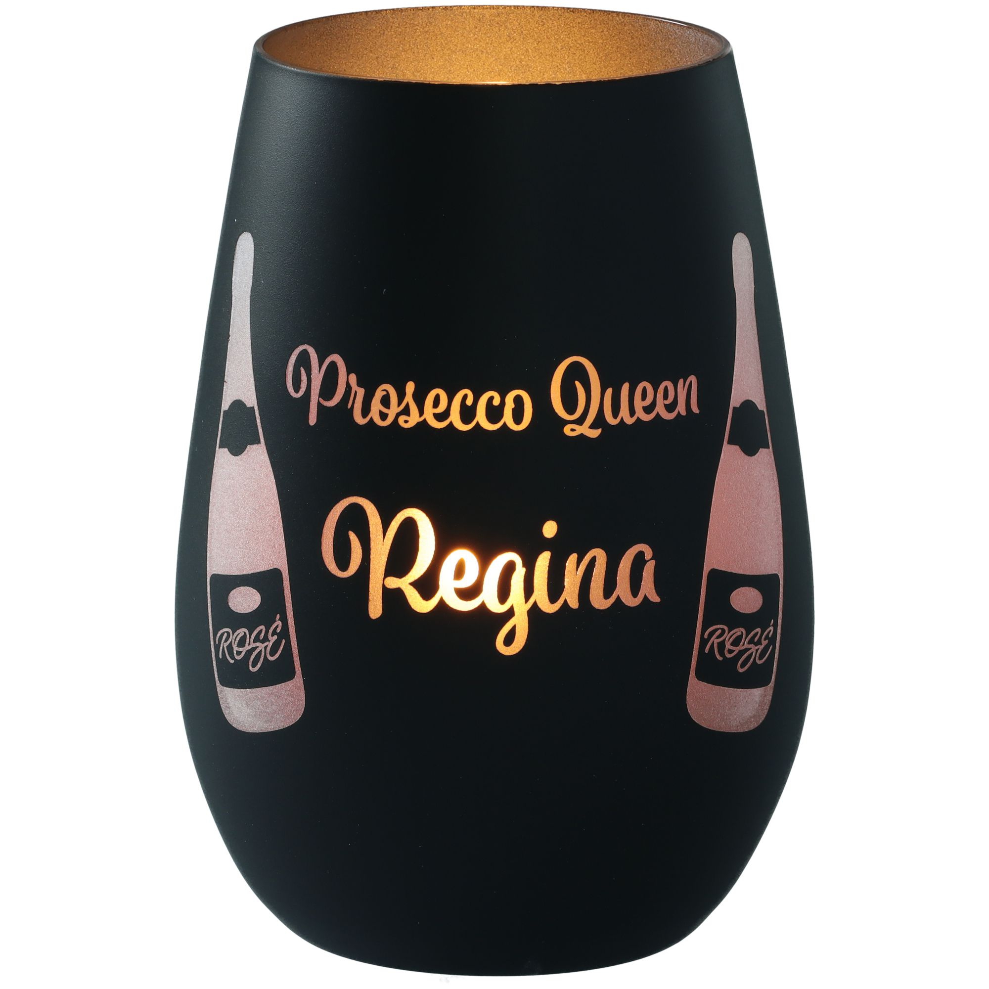 Windlicht Prosecco Queen "Name" Schwarz/Silber