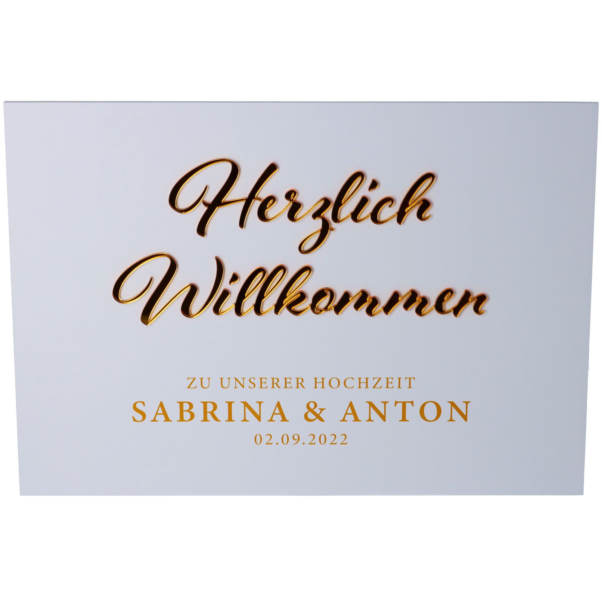 Willkommensschild Hochzeit "Namen & Datum" Gold