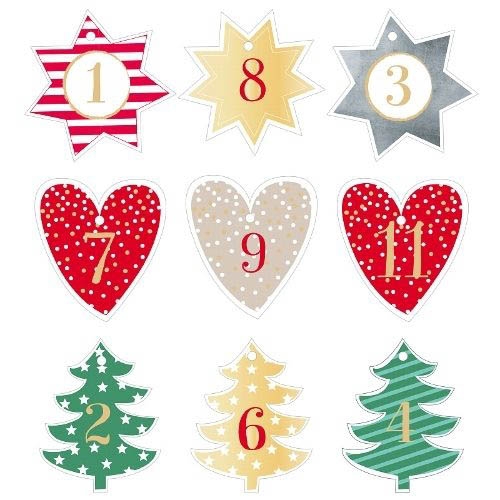 24 Adventskalender Anhänger Stern, Herz & Tannenbaum