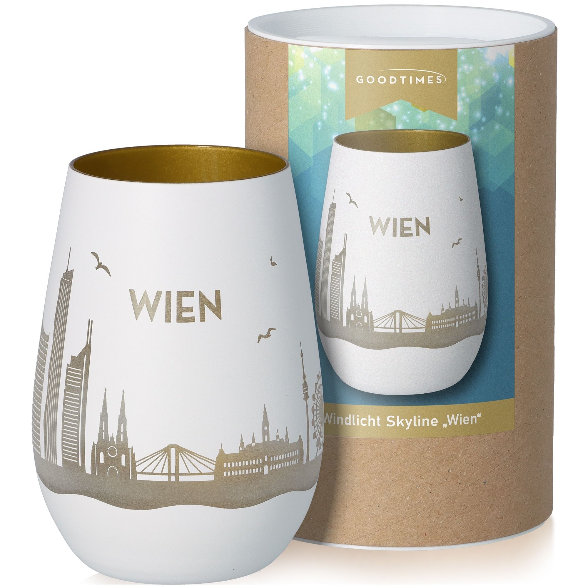 Windlicht Skyline Wien Weiß/Gold