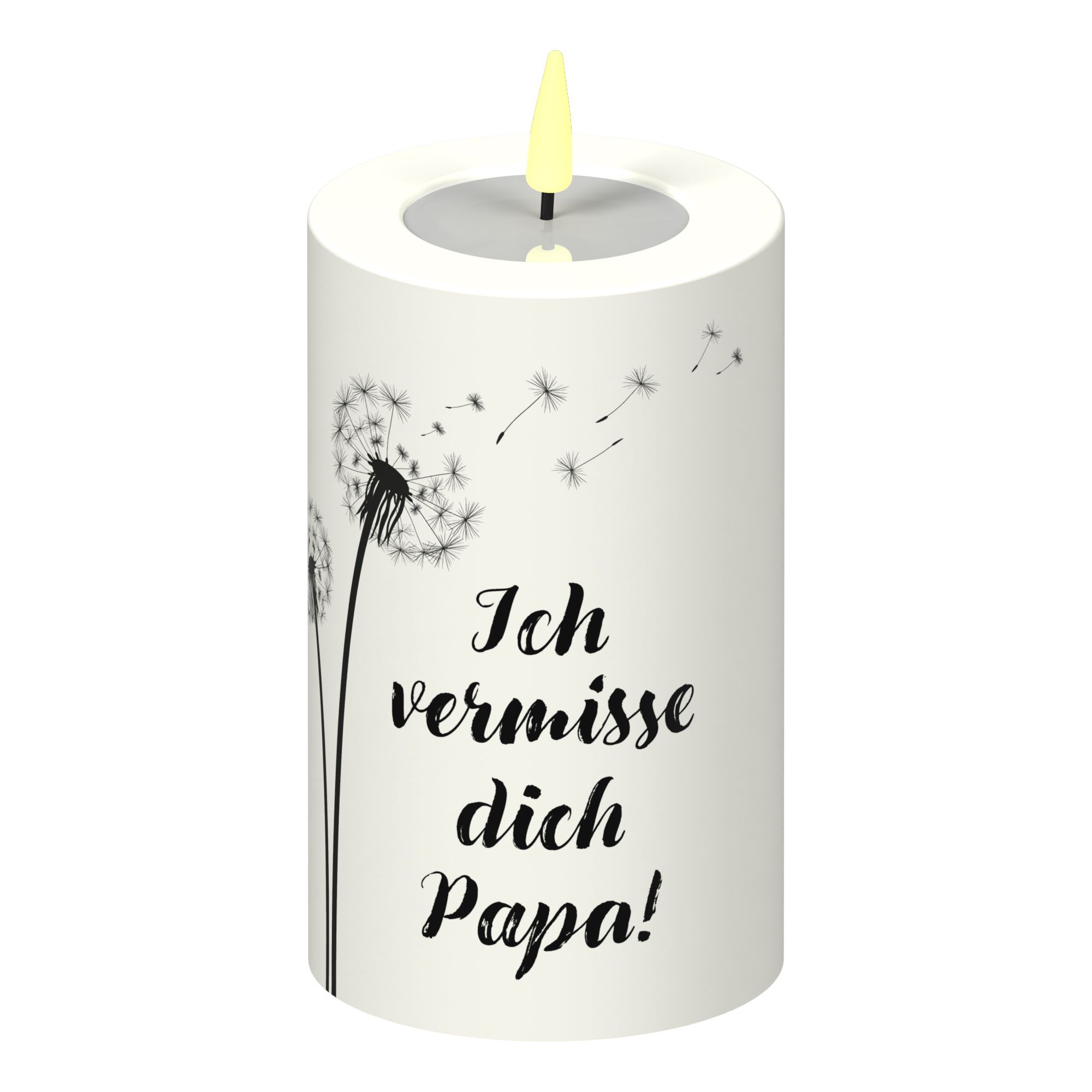 LED Stumpenkerze Weiß Pusteblume "Ich vermisse dich Papa!"