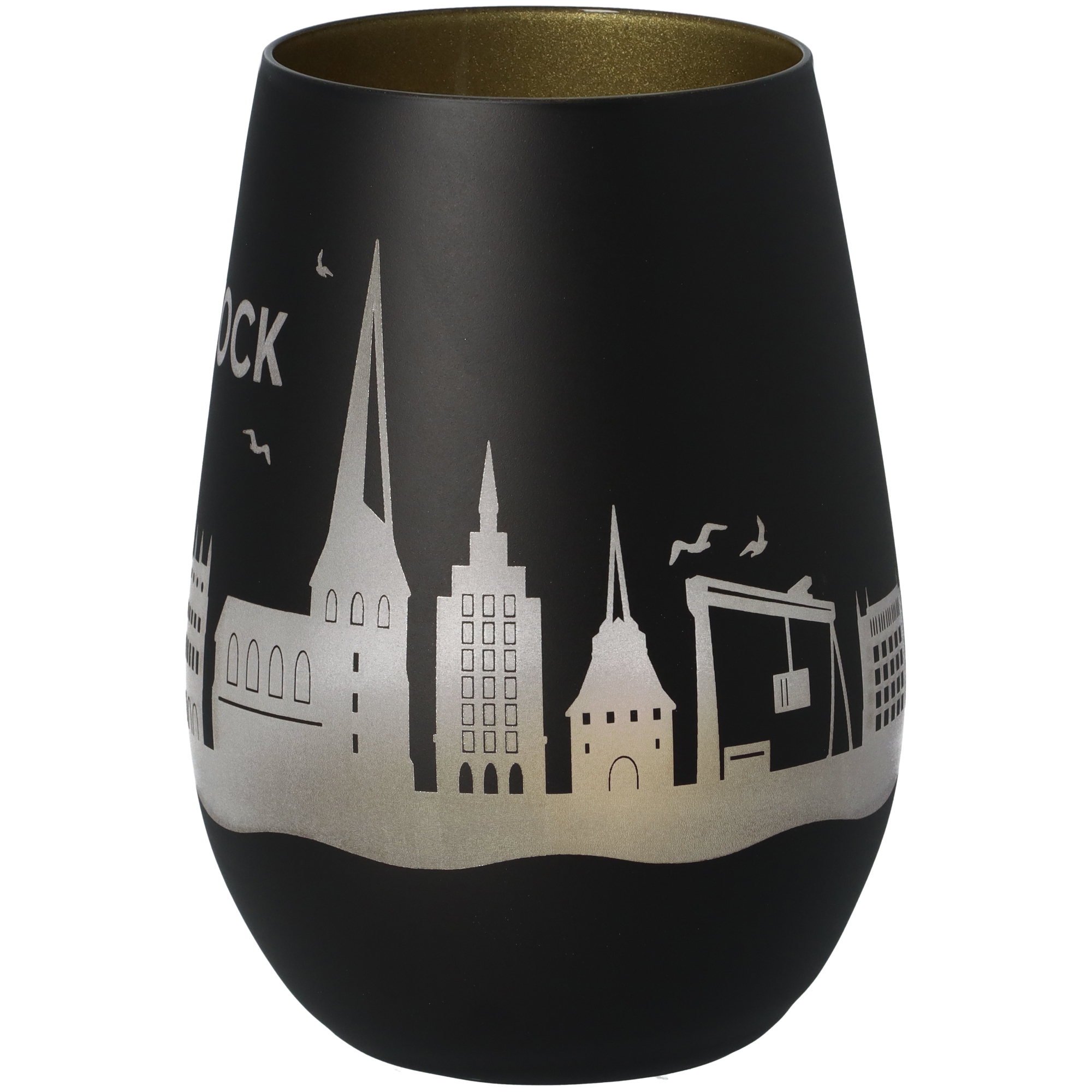 Windlicht Skyline Rostock Schwarz/Gold