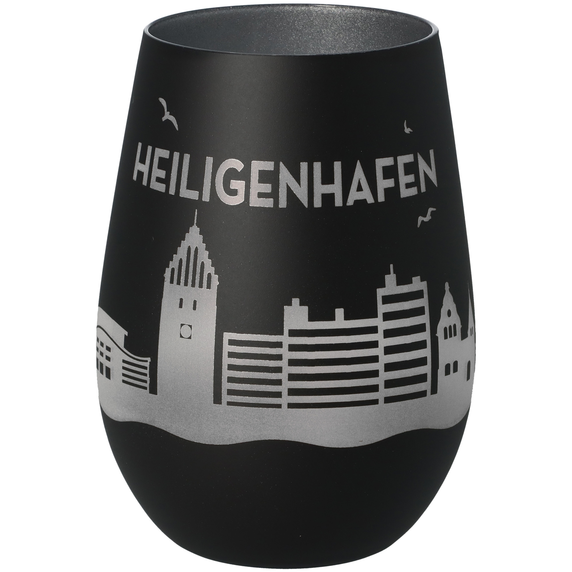 Windlicht Skyline Heiligenhafen Schwarz/Silber