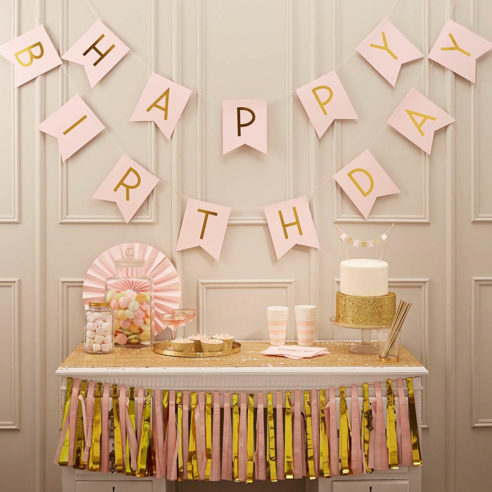 Pastel Perfection - Girlande "Happy Birthday" Rosa & Gold