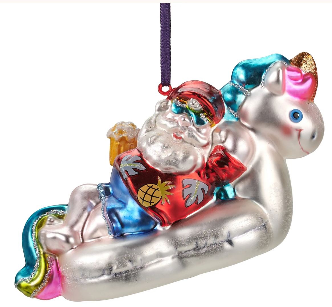 Weihnachtskugel "Santa auf Einhorn-Luftmatraze"