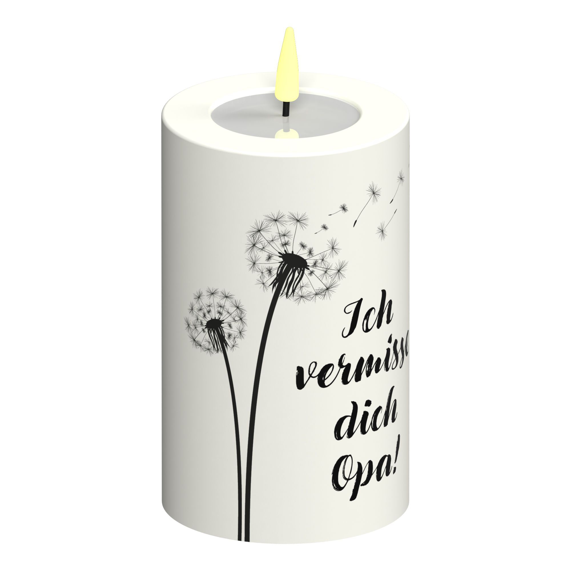 LED Stumpenkerze Weiß Pusteblume "Ich vermisse dich Opa!"