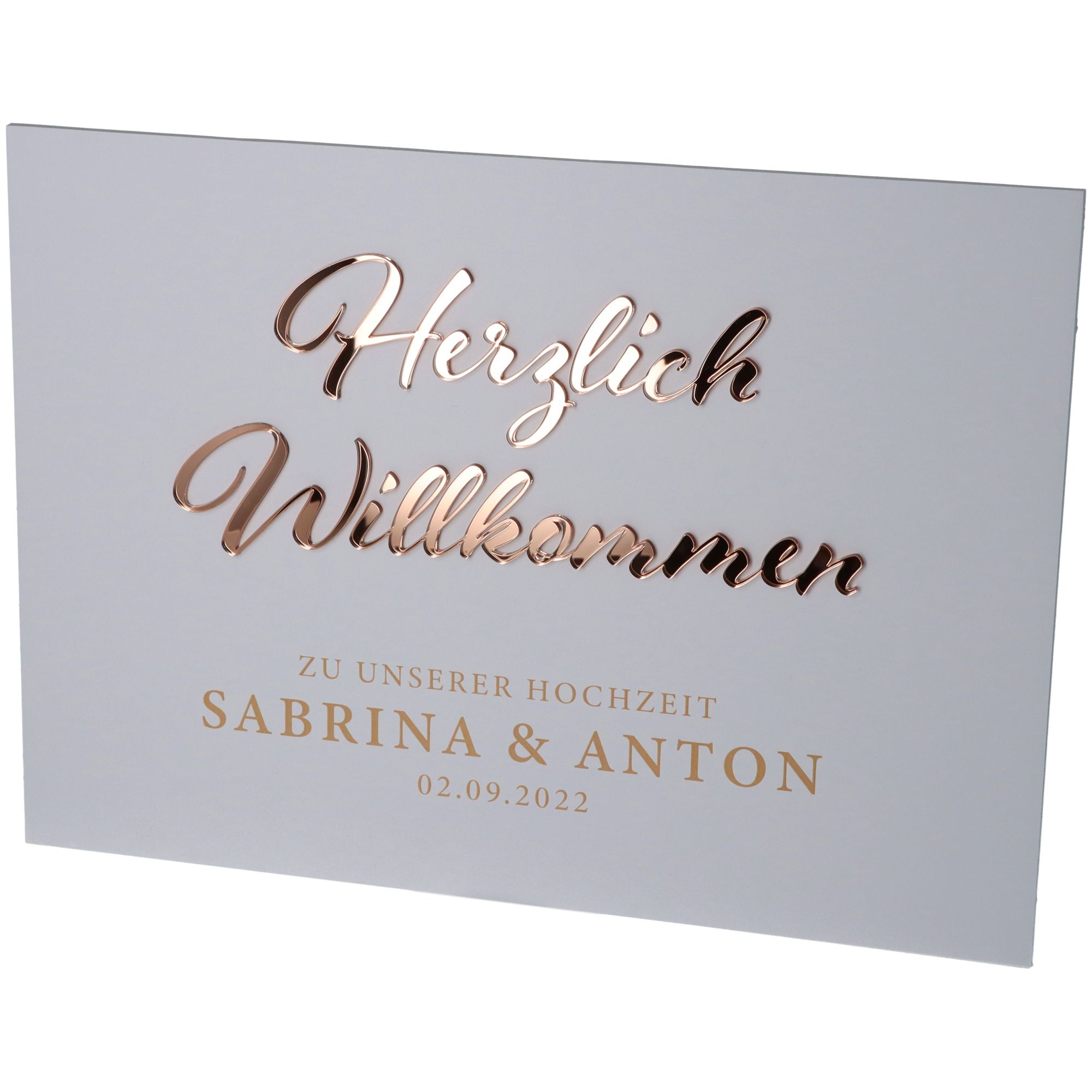 Willkommensschild Hochzeit "Namen & Datum" Rosé Gold