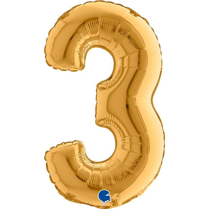 Folienballon Zahl "3" Gold, zur Luftbefüllung, 35 cm
