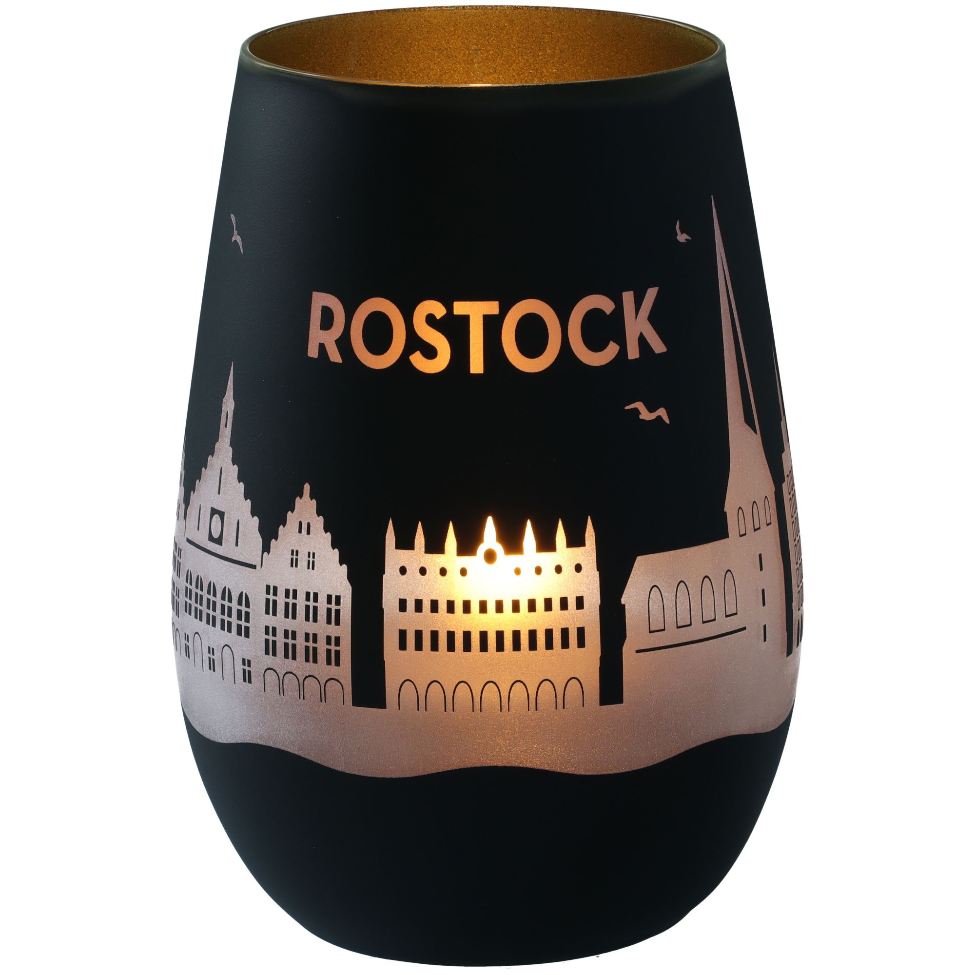 Windlicht Skyline Rostock Schwarz/Gold