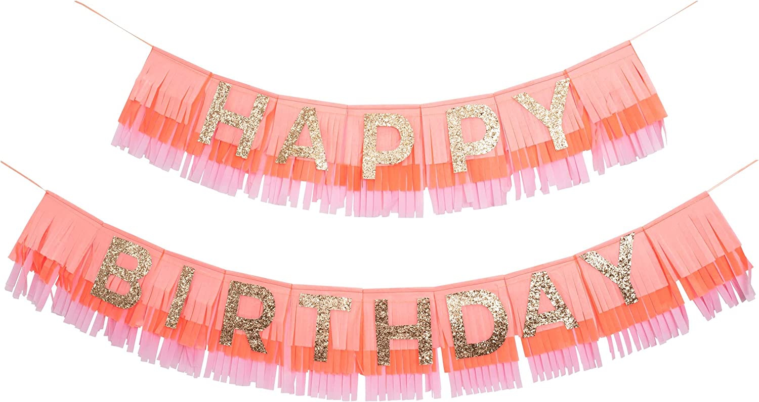 Meri Meri - "Happy Birthday" Fransengirlande, Rosa/Orange/Gold Glitzer