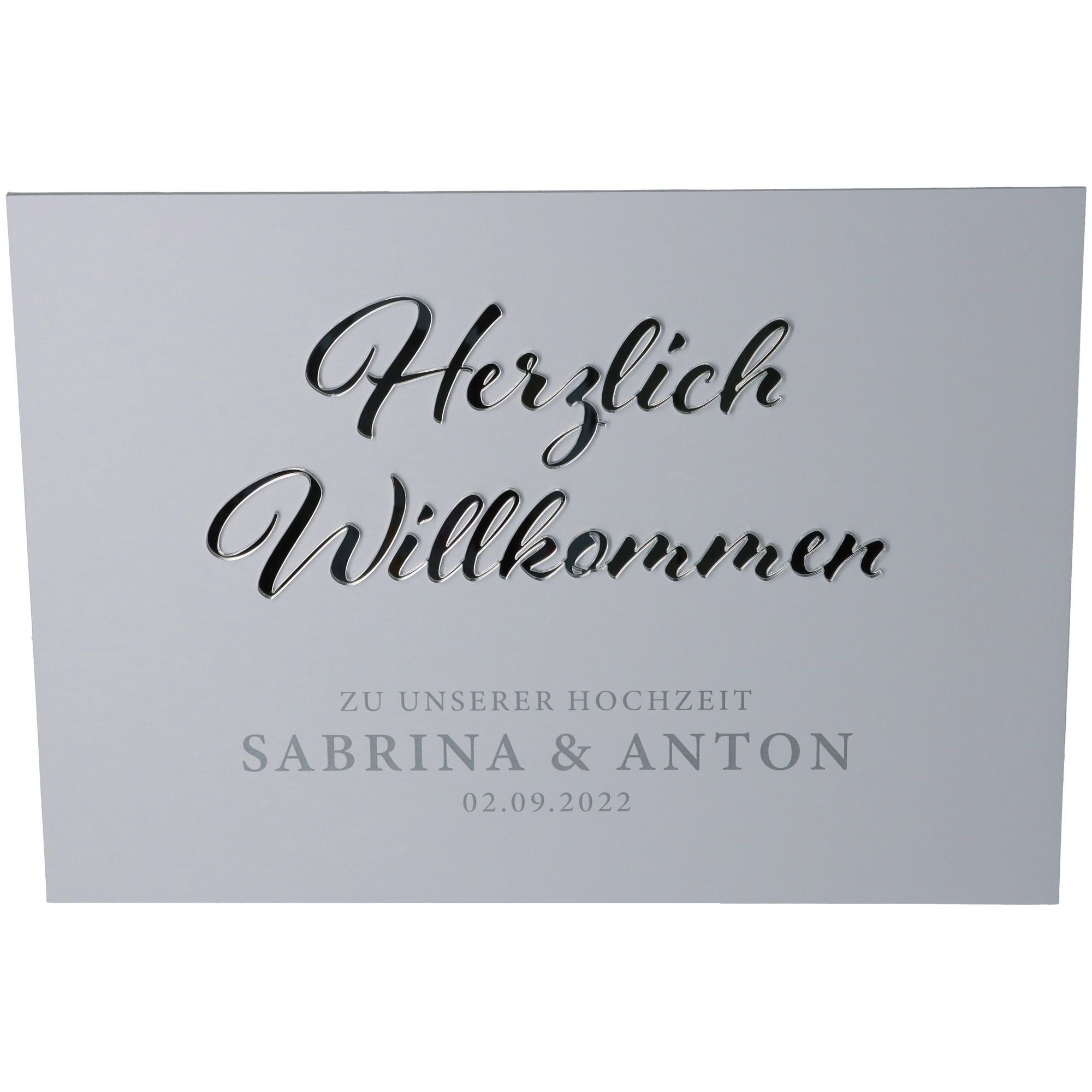 Willkommensschild Hochzeit "Namen & Datum" Silber