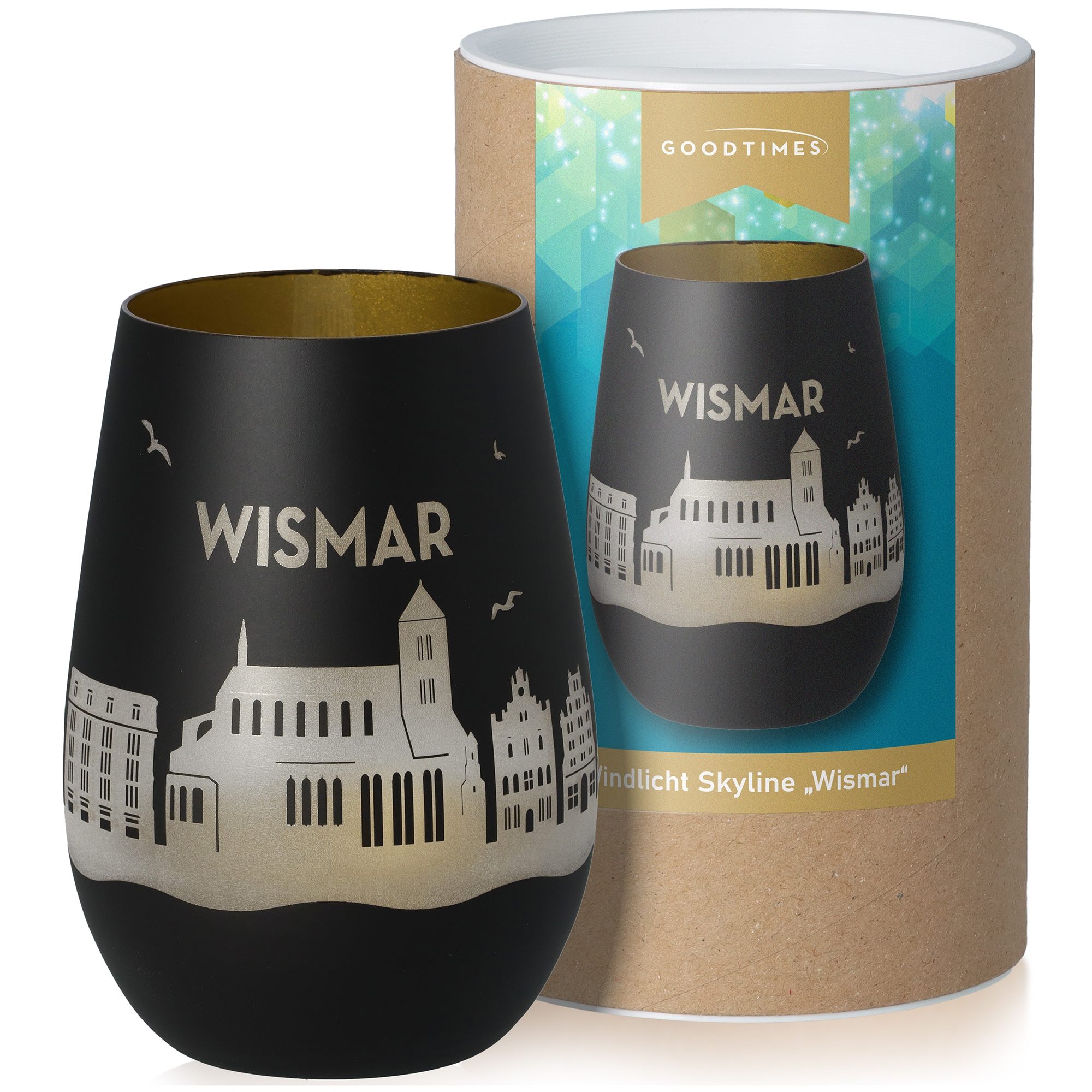 Windlicht Skyline Wismar Schwarz/Gold