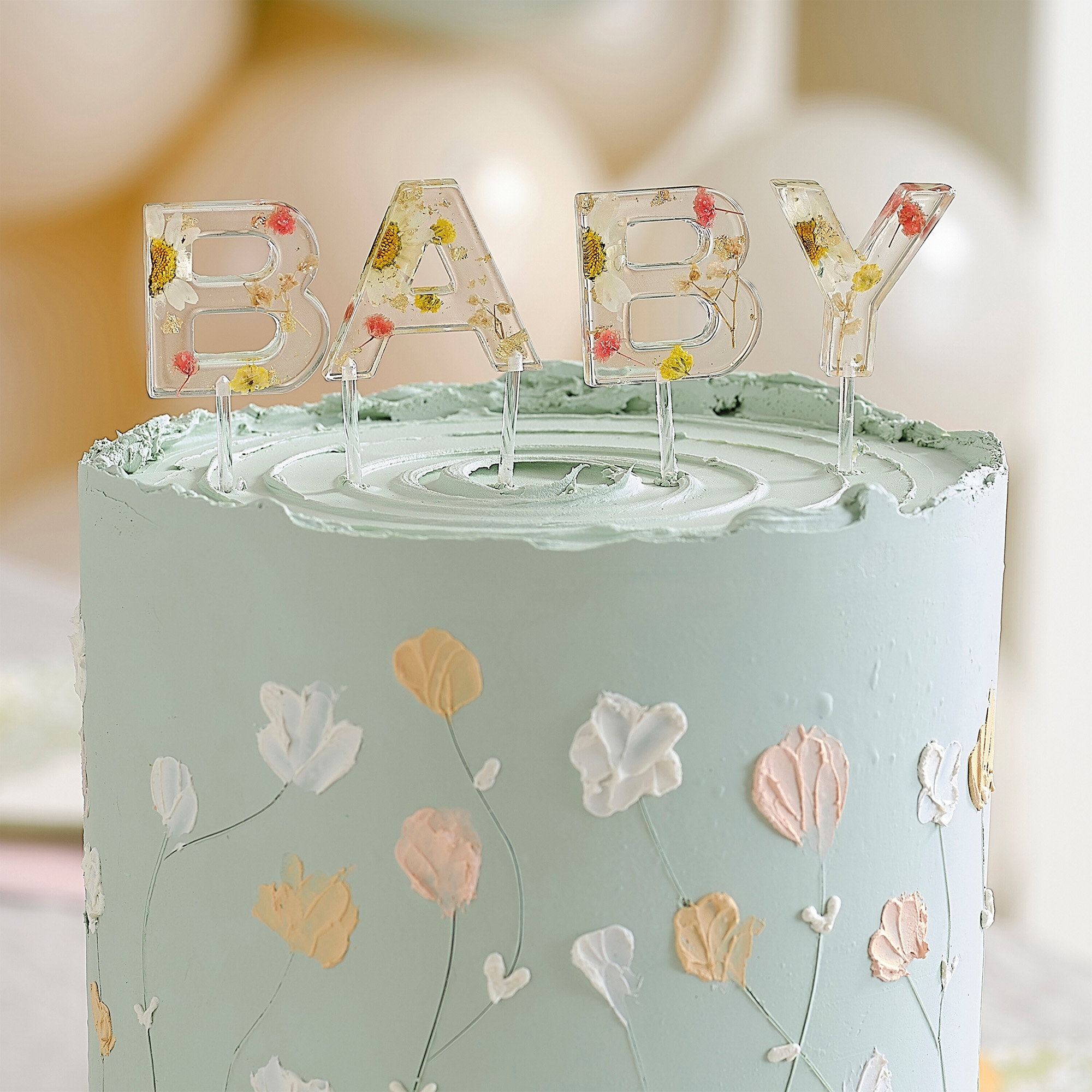 Cake Topper "Baby" mit gepressten Blumen