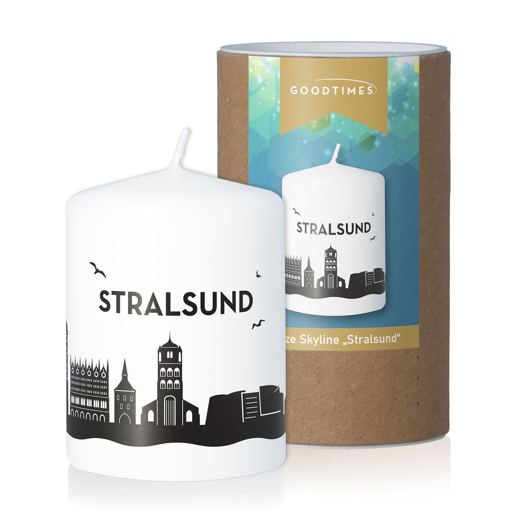 Stumpenkerze Skyline Stralsund Weiß