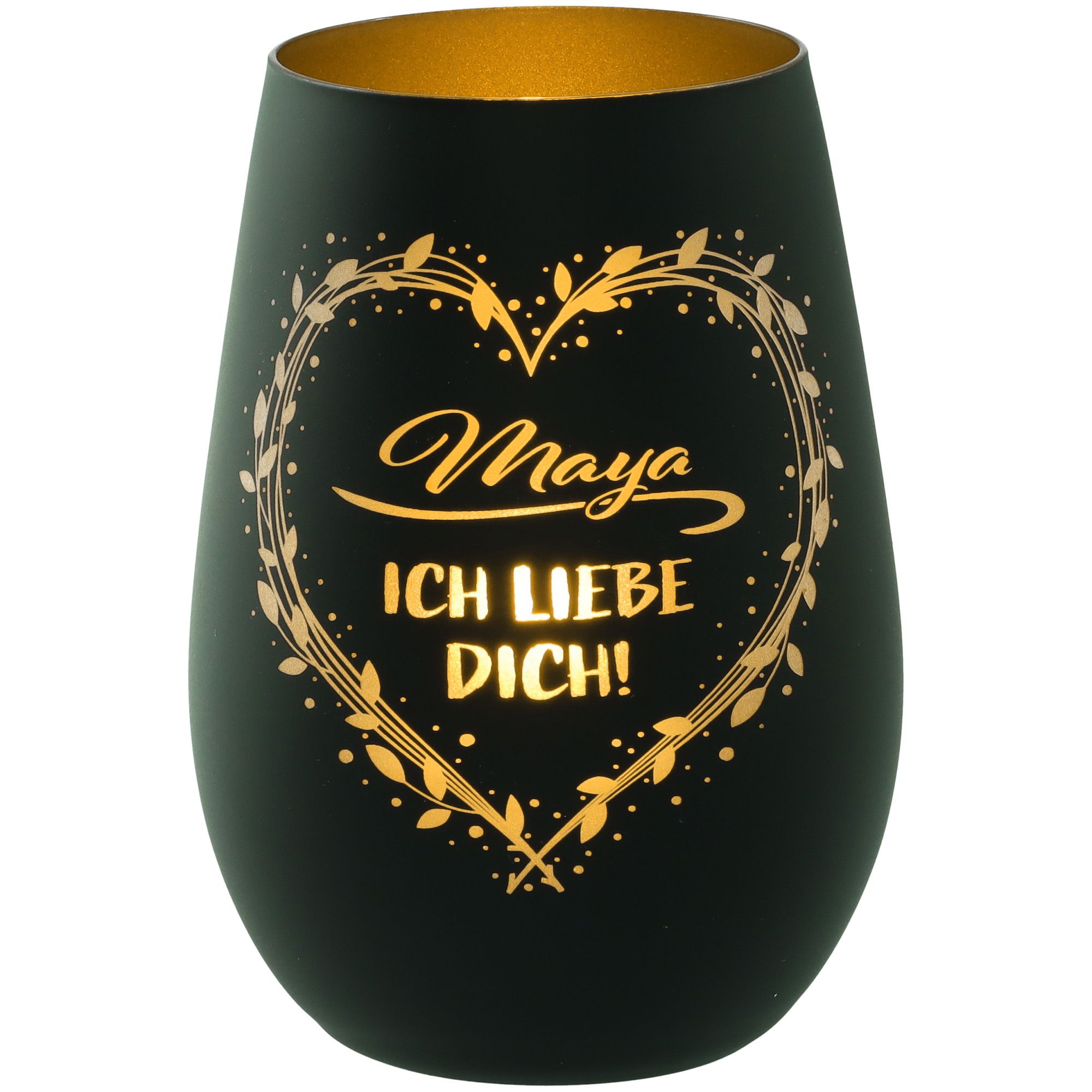 Windlicht Ich liebe dich "Name" Schwarz/Gold