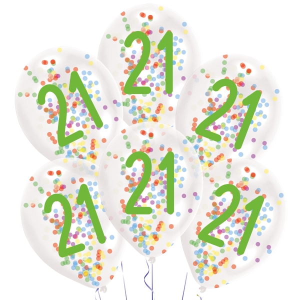 6 Konfettiballons "21", Bunt