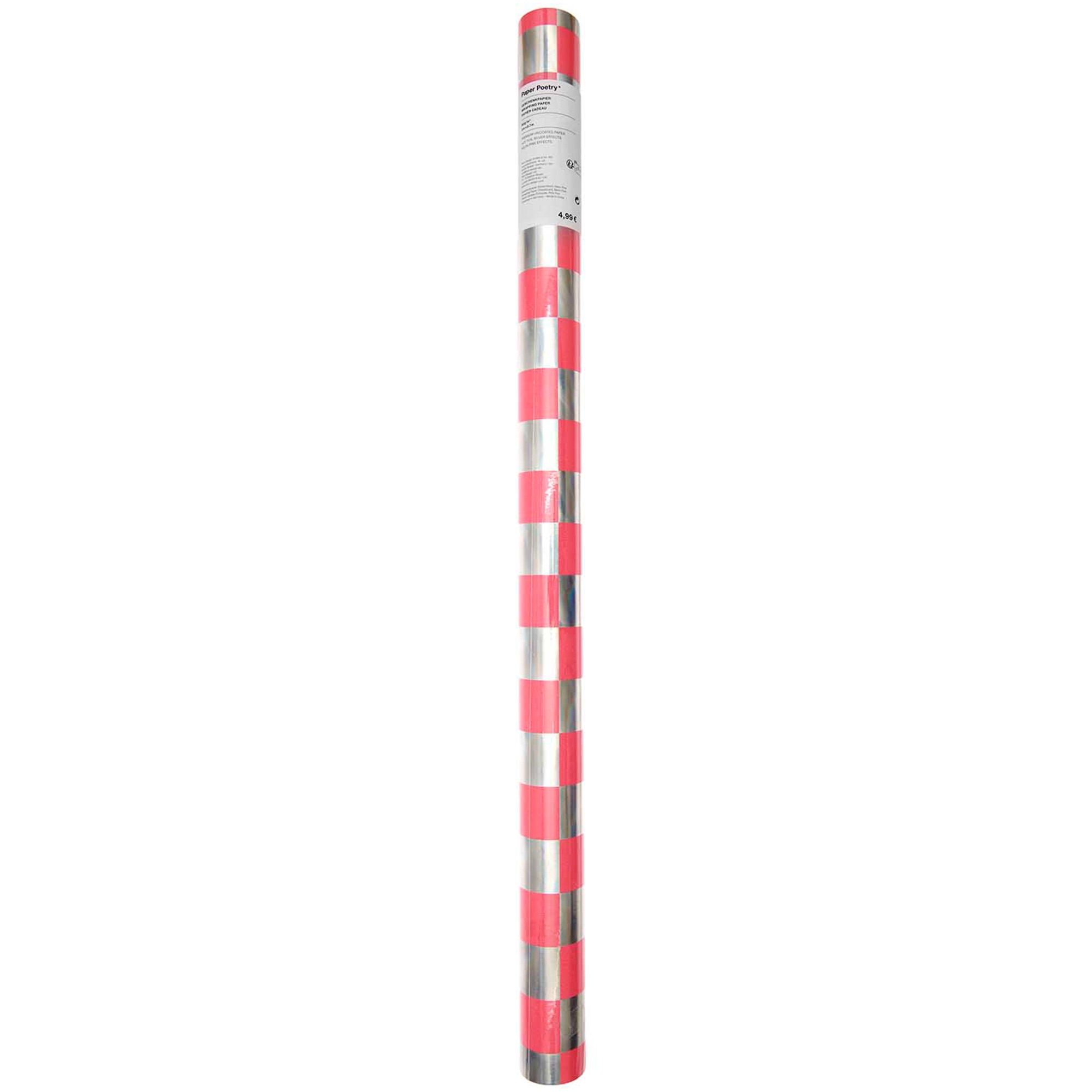 Geschenkpapier auf Rolle "Schachbrett" Neon Pink/Silber 2m