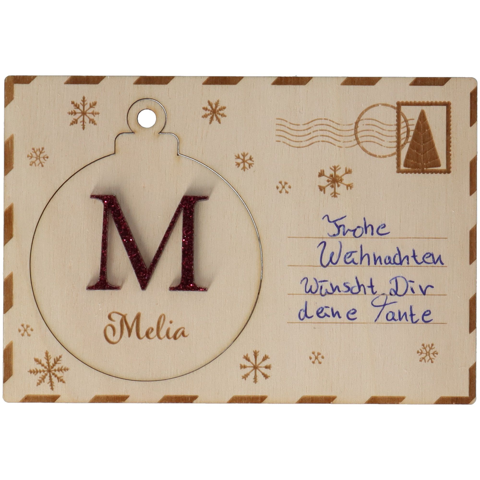 Holzpostkarte mit personalisierter Weihnachtskugel