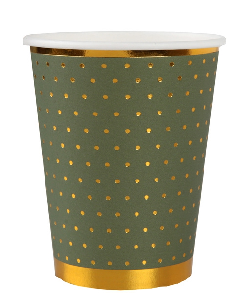 Glamour - 10 Pappbecher Olive / goldene Punkte