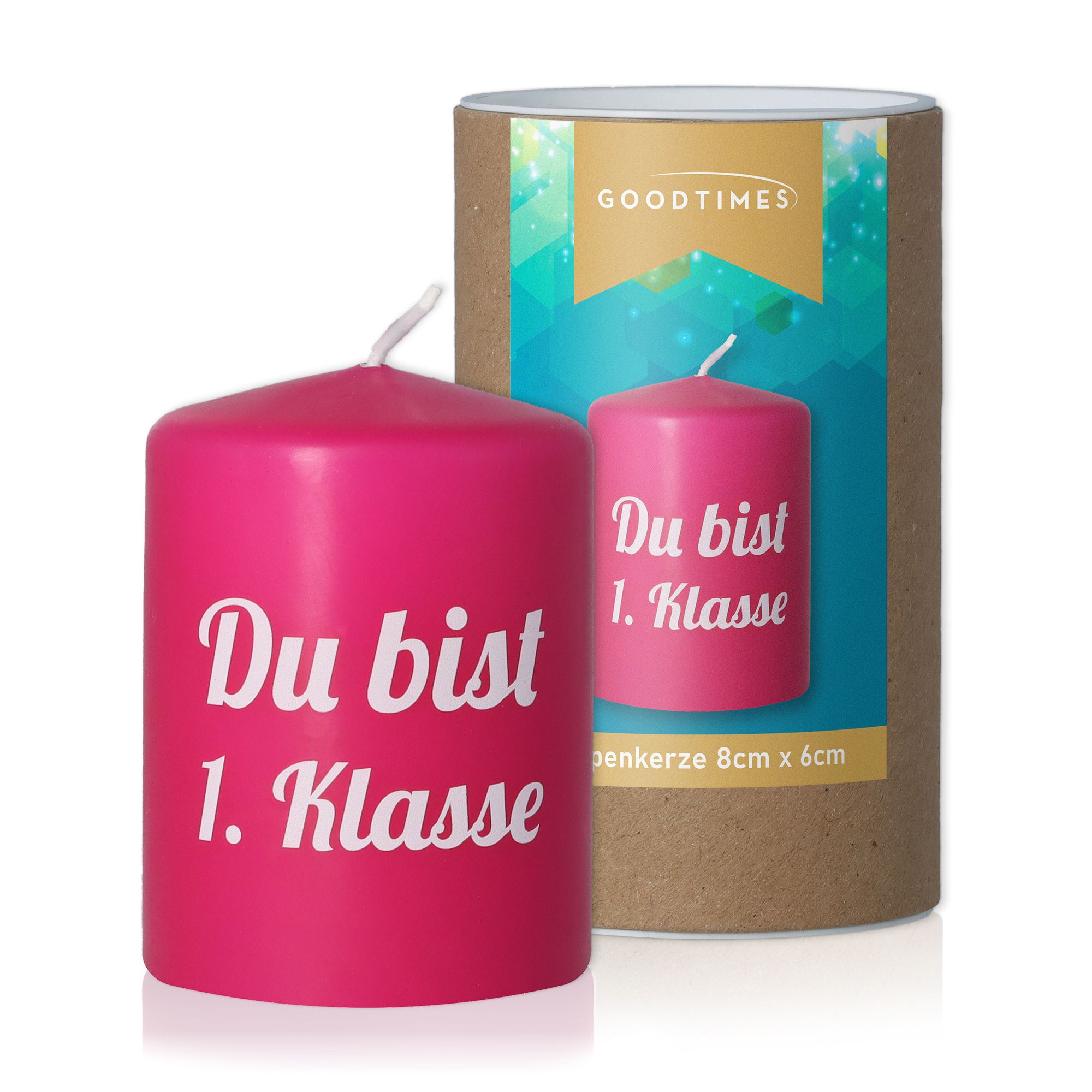 Stumpenkerze Pink "Du bist 1. Klasse"