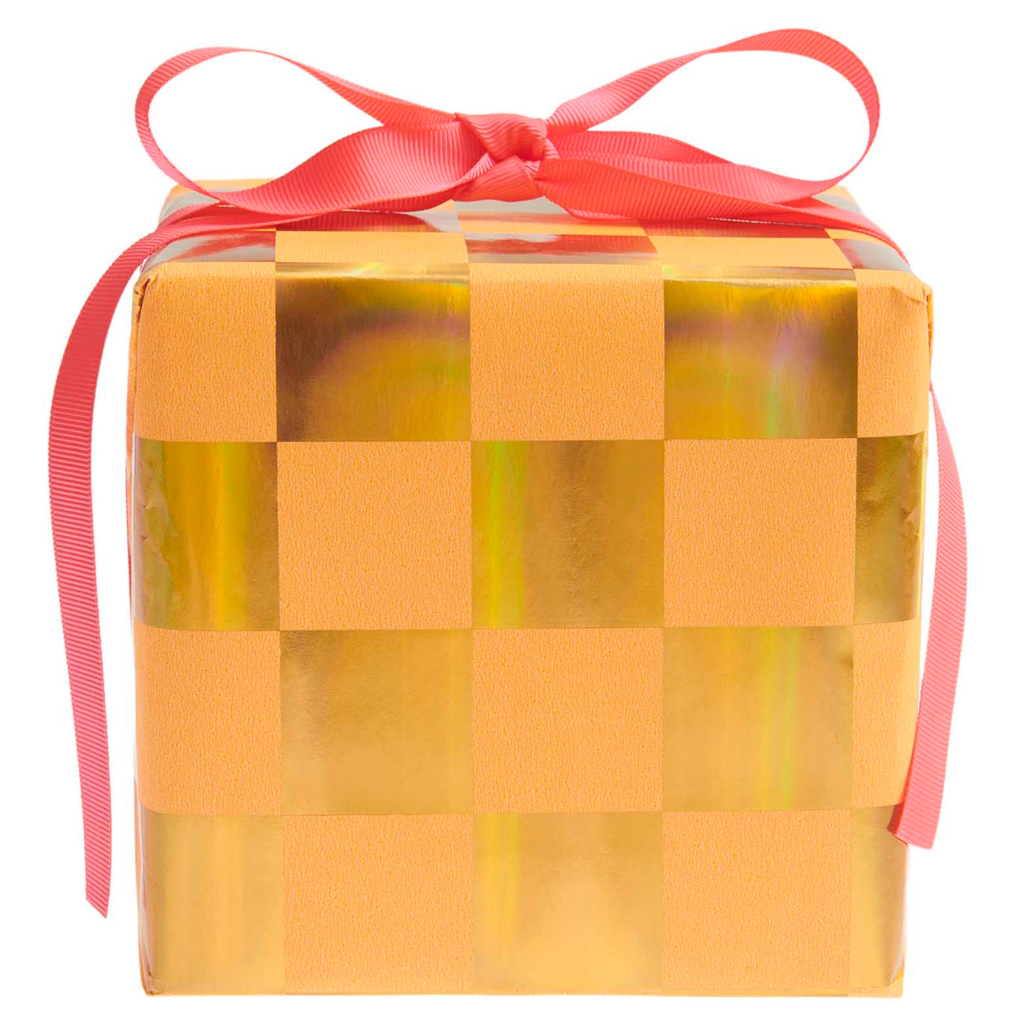 Geschenkpapier auf Rolle "Schachbrett" Neon Orange/Gold 2m