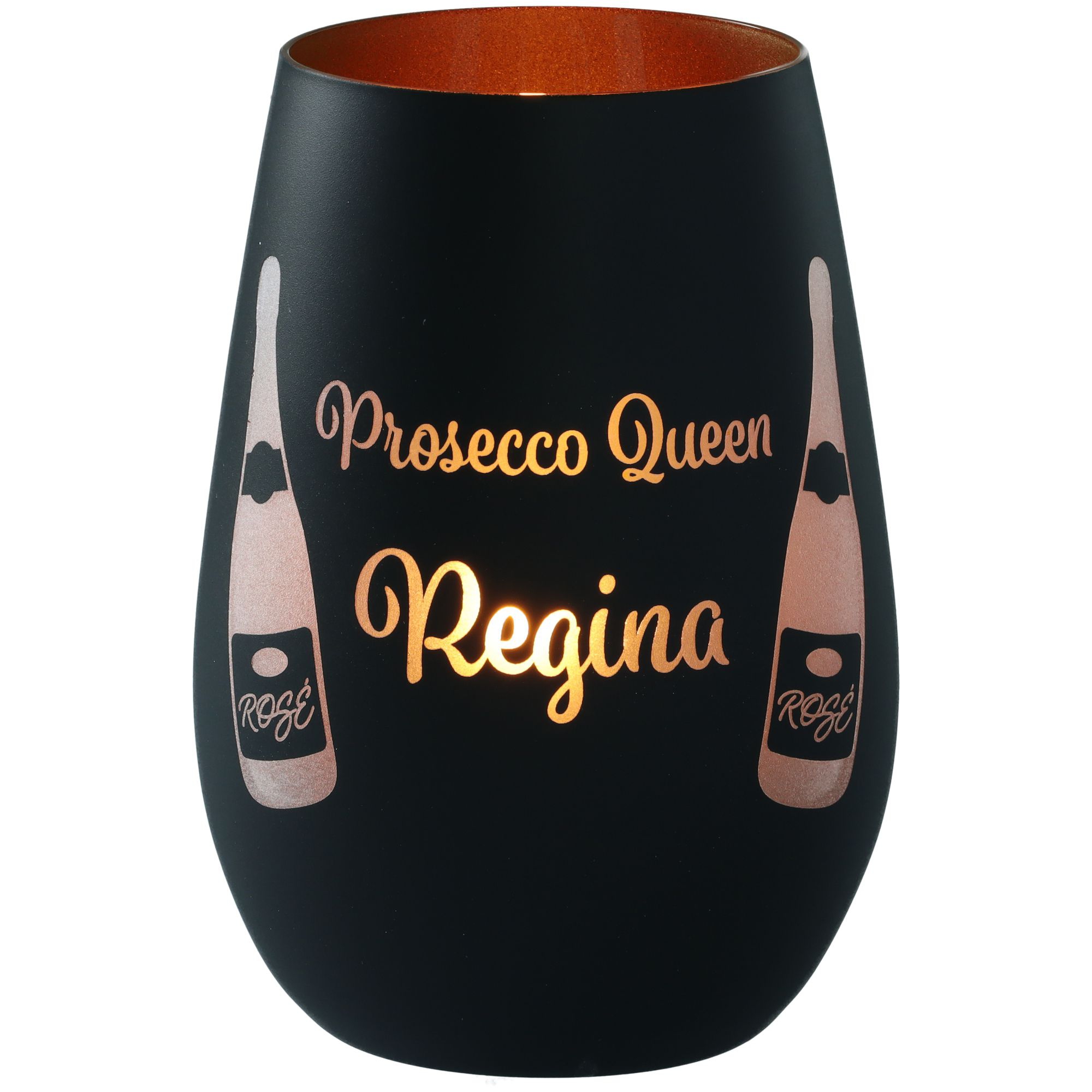 Windlicht Prosecco Queen "Name" Schwarz/Bronze