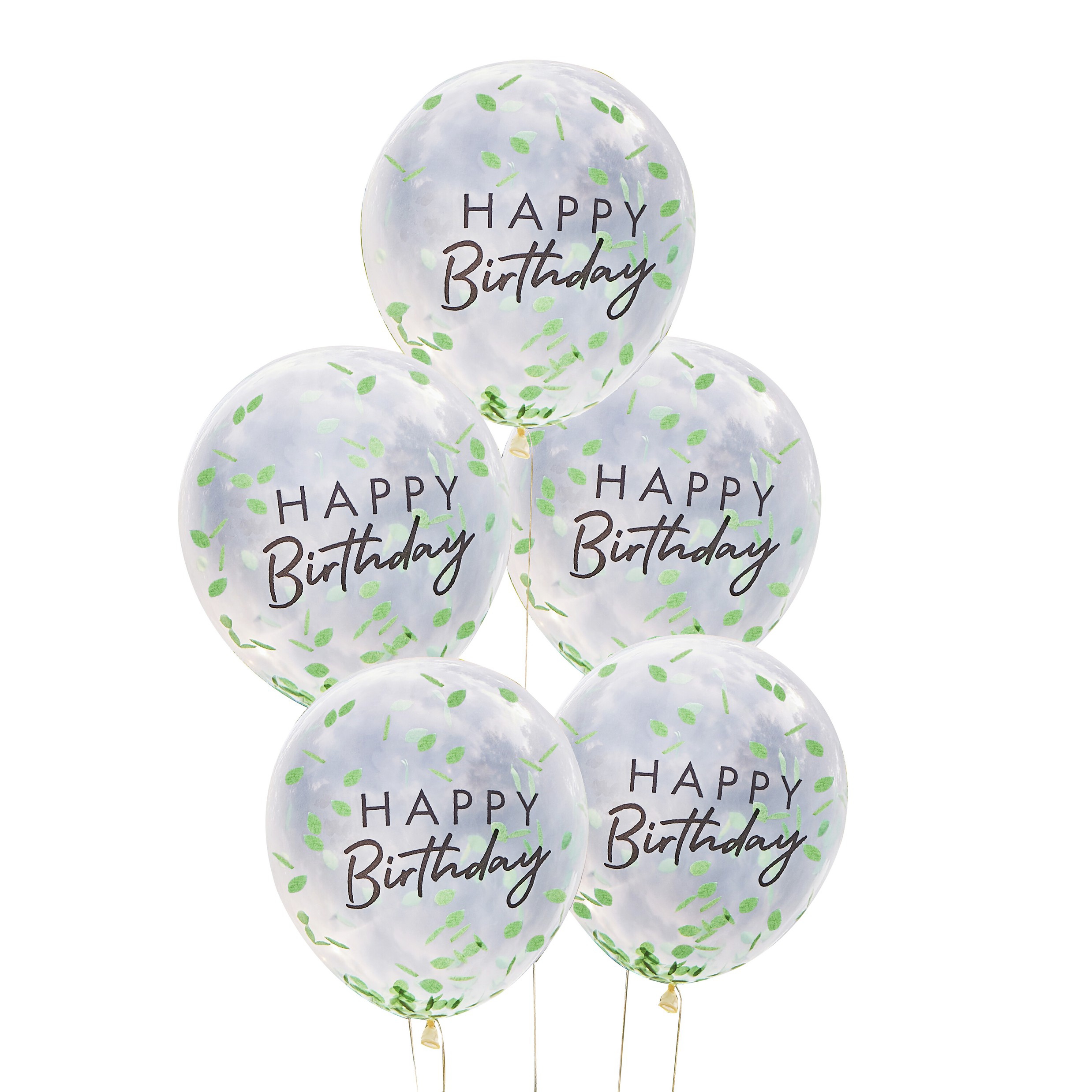 5 Konfettiballons "Happy Birthday"- Grüne Blätter Ø 30cm