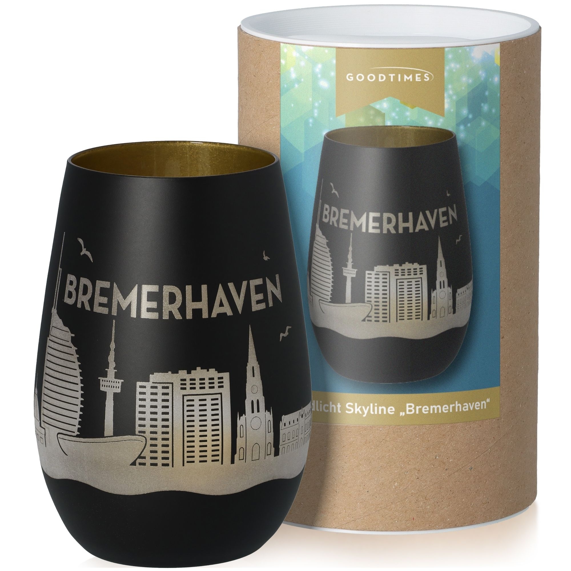 Windlicht Skyline Bremerhaven Schwarz/Gold