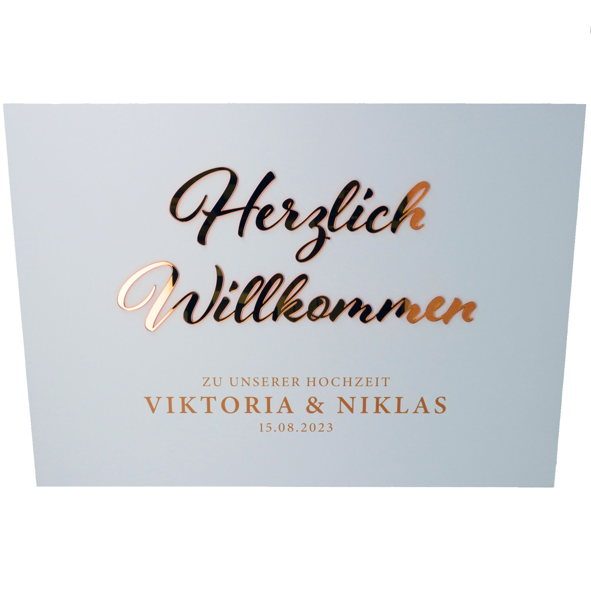 Willkommensschild Hochzeit "Namen & Datum" Rosé Gold 70x50