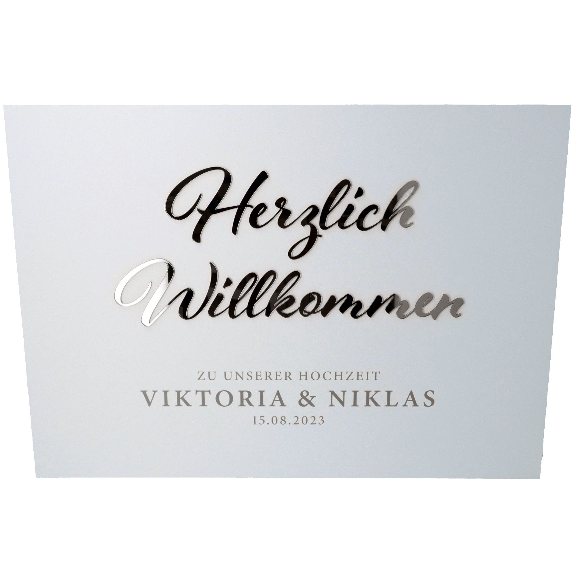 Willkommensschild Hochzeit "Namen & Datum" Silber 70x50