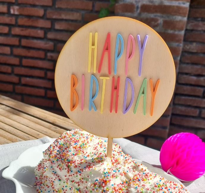 Cake Topper Happy Birthday Bunt 23cm x 13cm aus Holz & Acryl