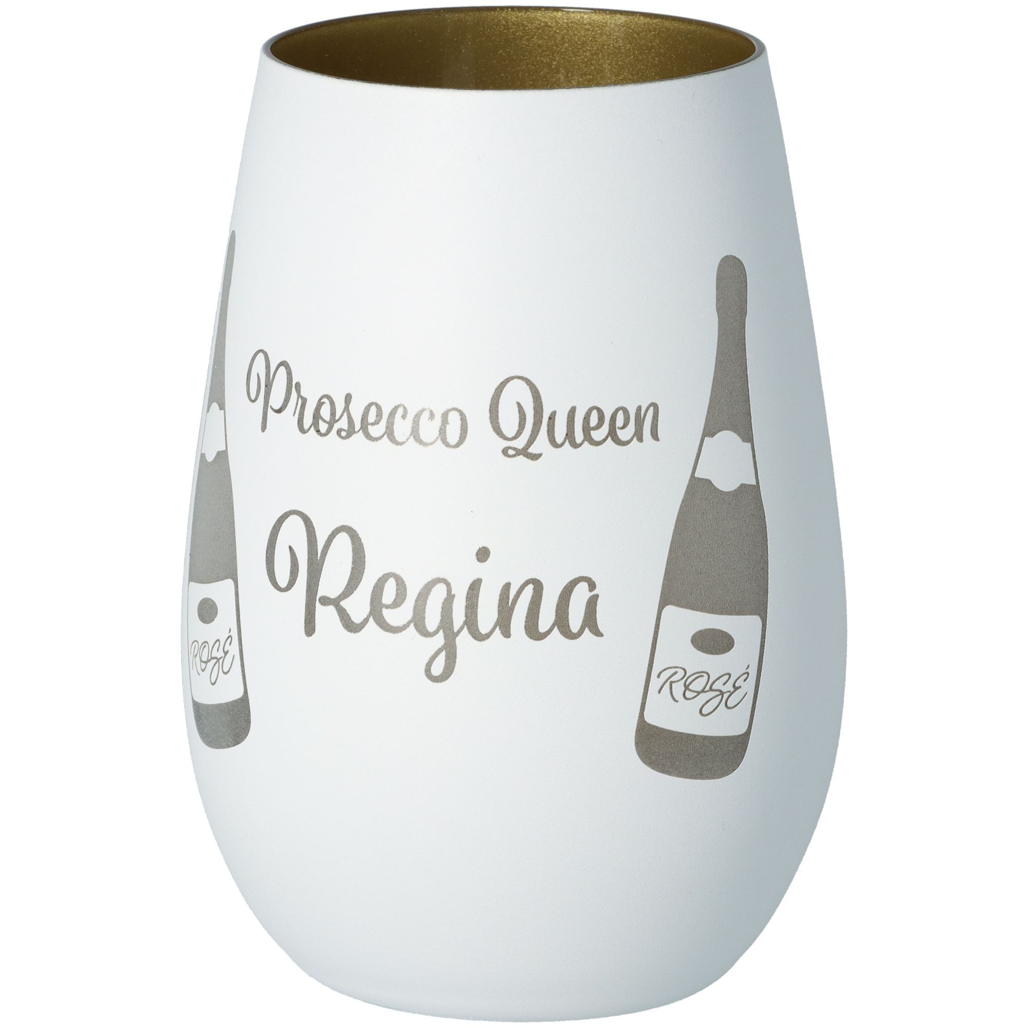 Windlicht Prosecco Queen "Name" Weiß/Gold