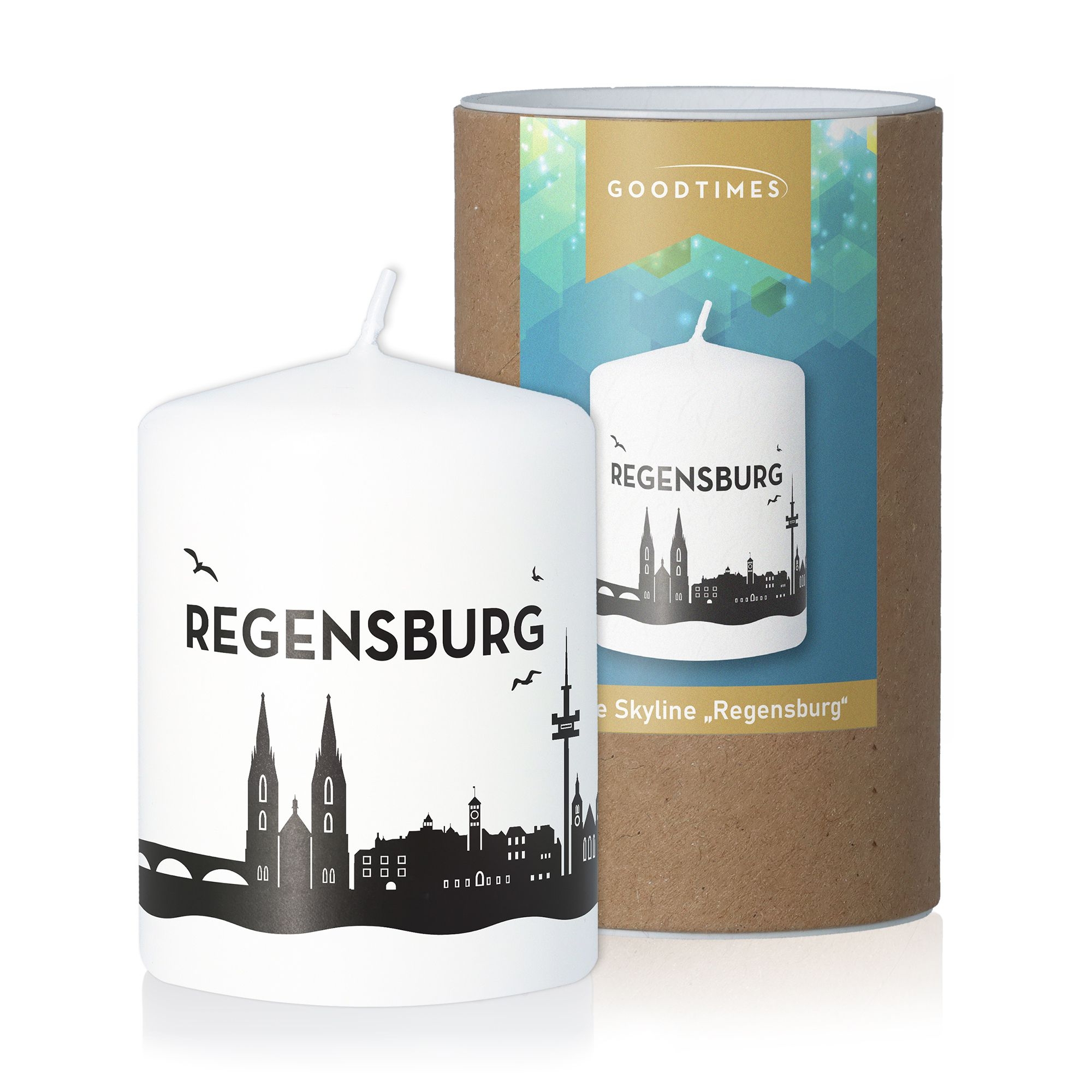 Stumpenkerze Skyline Regensburg Weiß