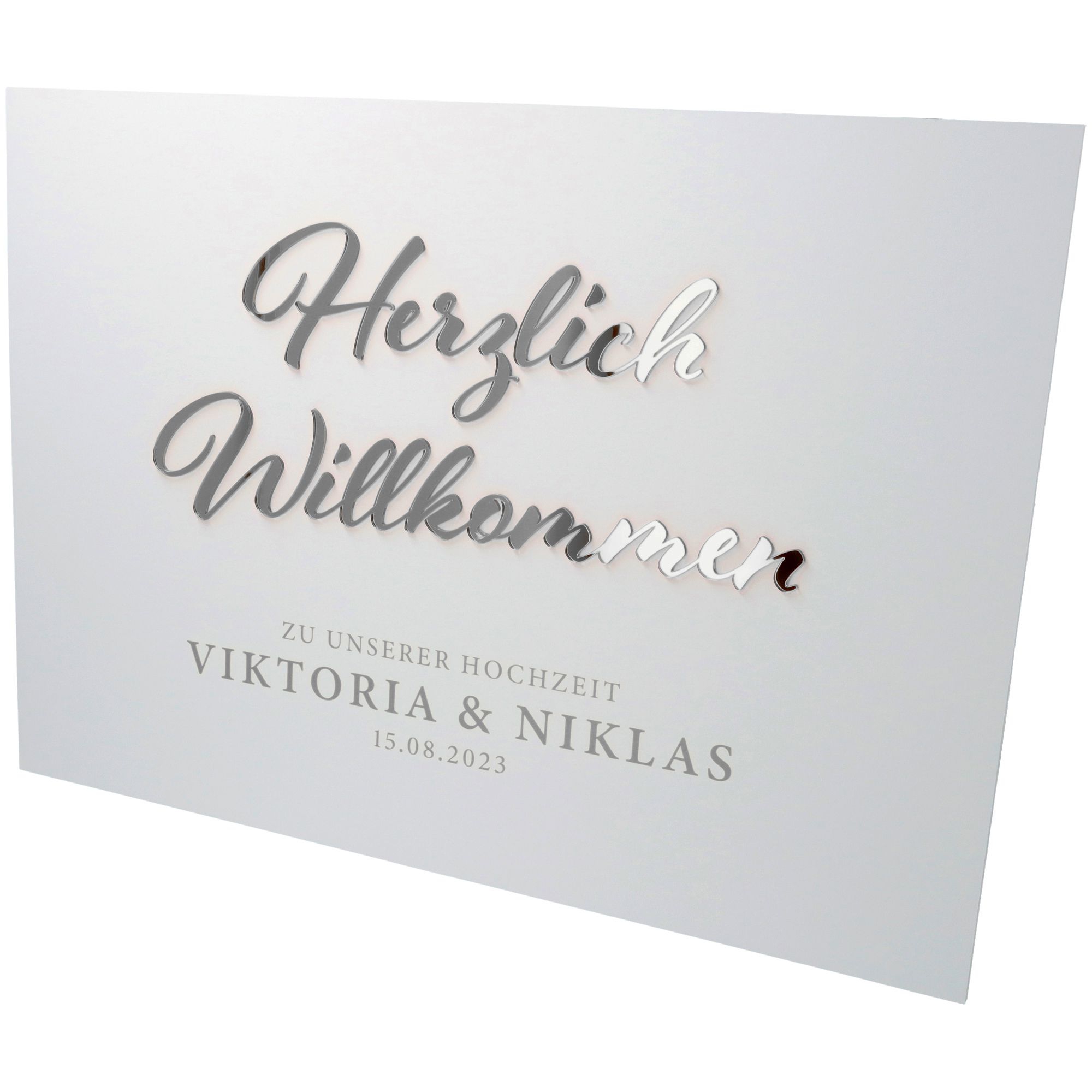 Willkommensschild Hochzeit "Namen & Datum" Silber 70x50