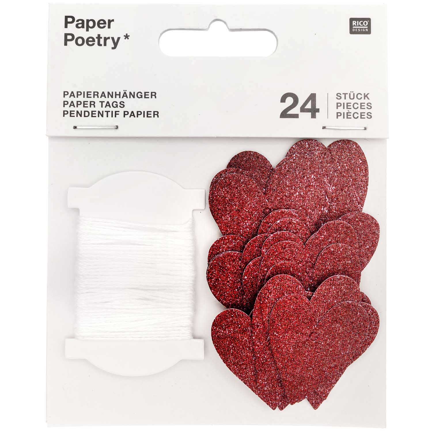 24 Papieranhänger "Glitzerherzen", Rot