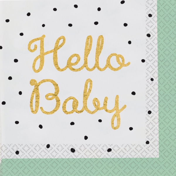 16 Servietten "Hello Baby", Mint/Gold