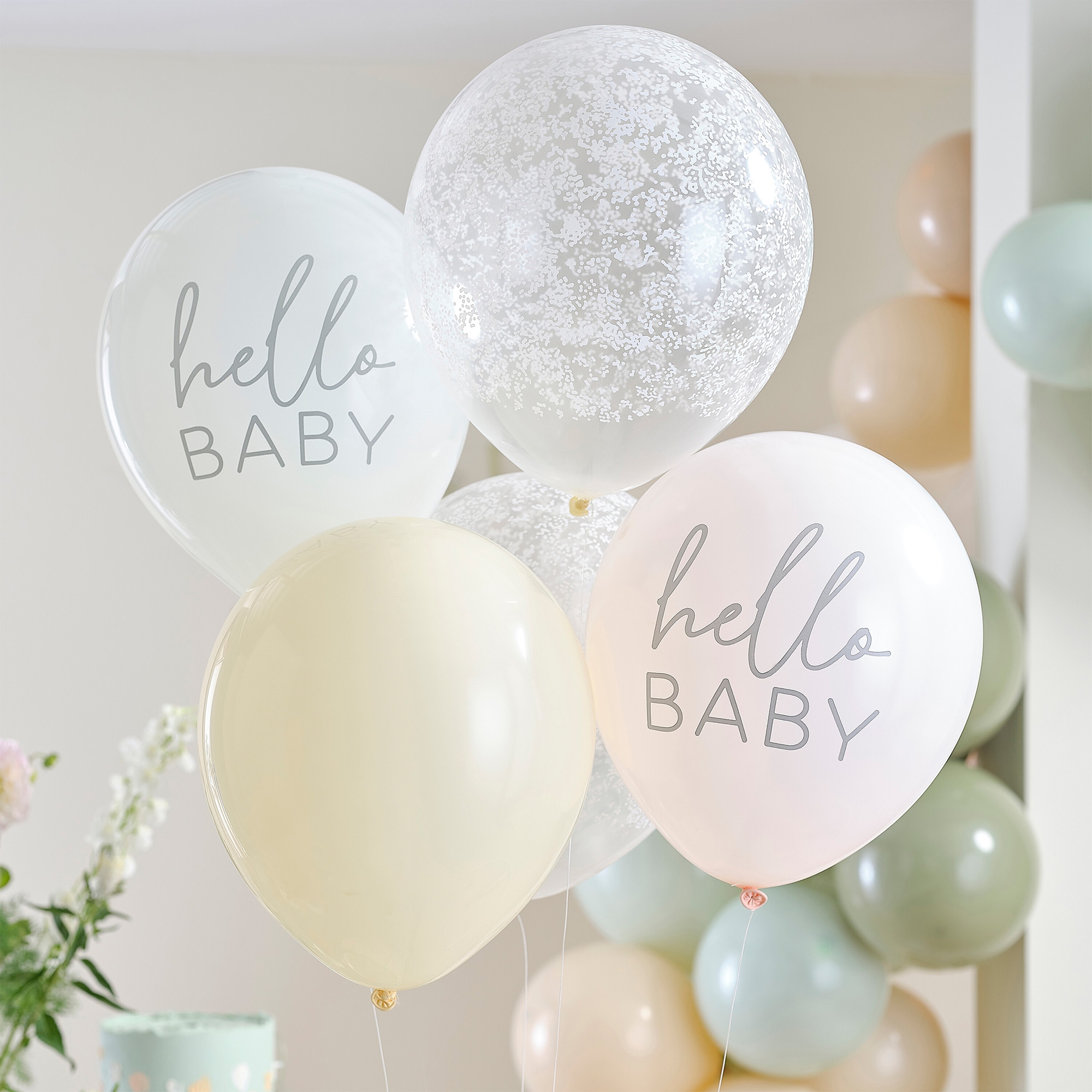 5 Ballons im Set "Hello Baby" Floral Ø 30cm