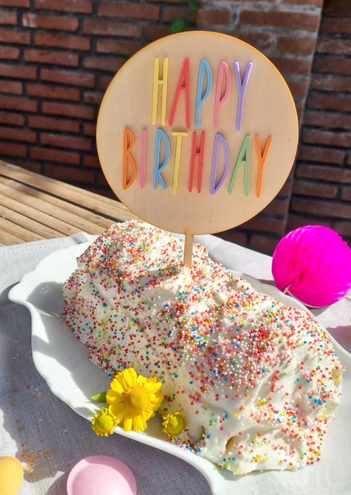 Cake Topper Happy Birthday Bunt 23cm x 13cm aus Holz & Acryl